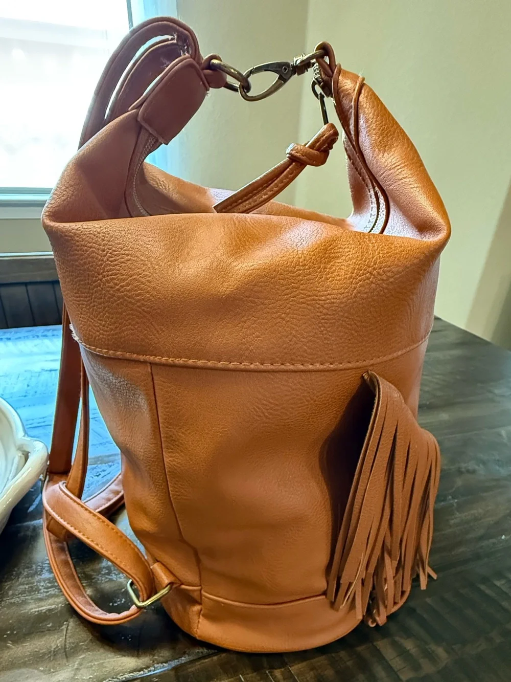 Fringe Convertible Women’s Backpack - Tan Pleather